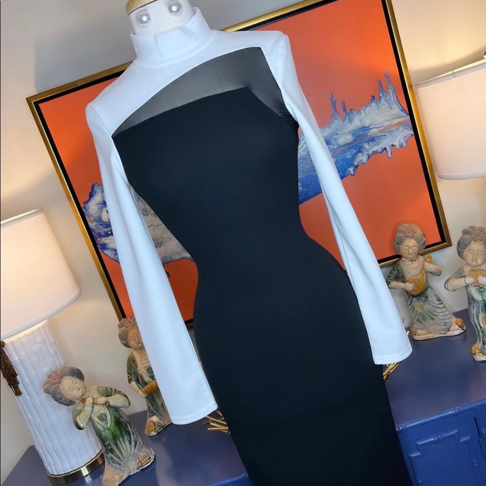 Black and White Asymmetrical Neckline Dress